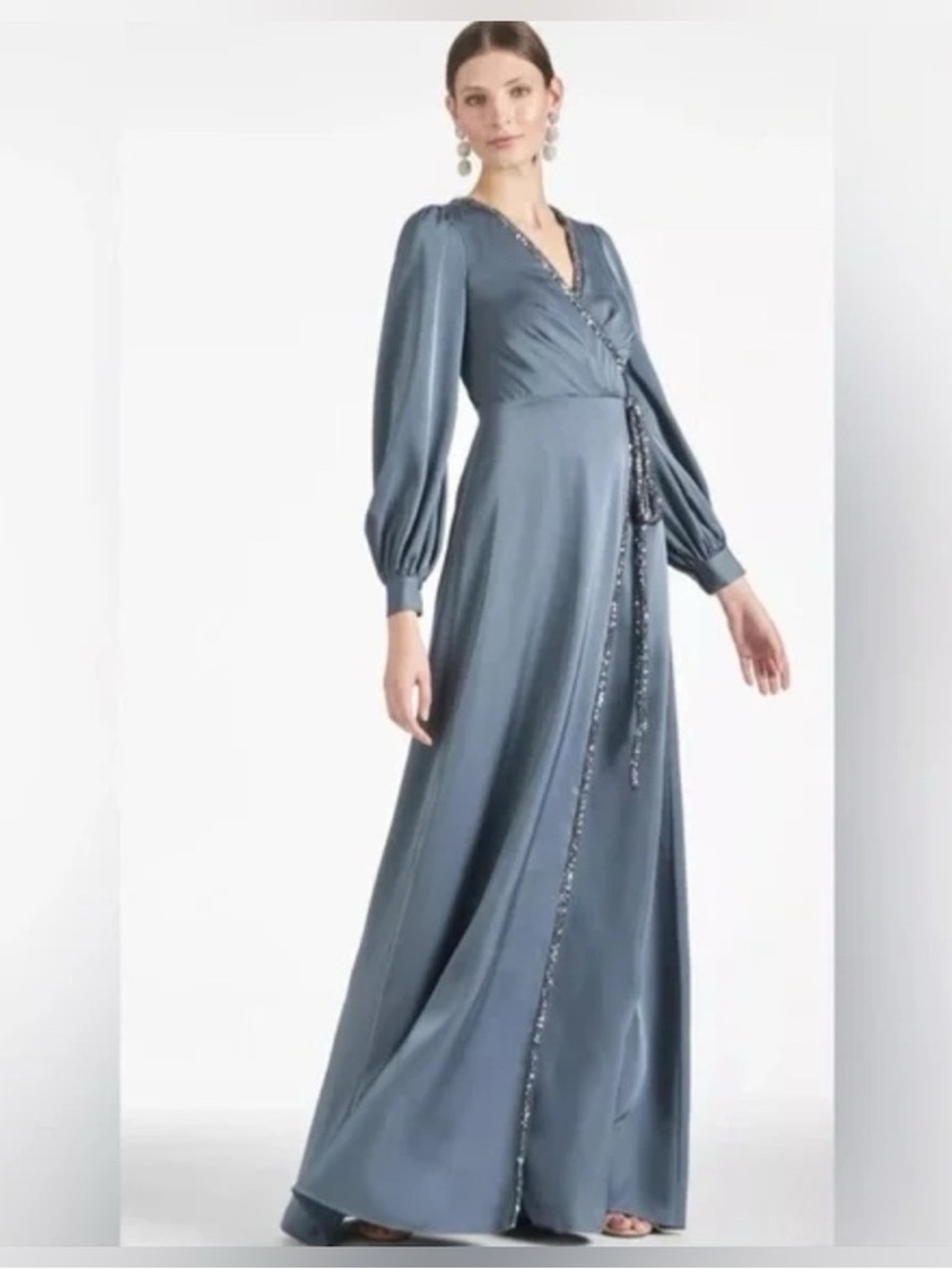 Sachin + Babi Steel Blue Long Sleeve Wrap Maxi Dress